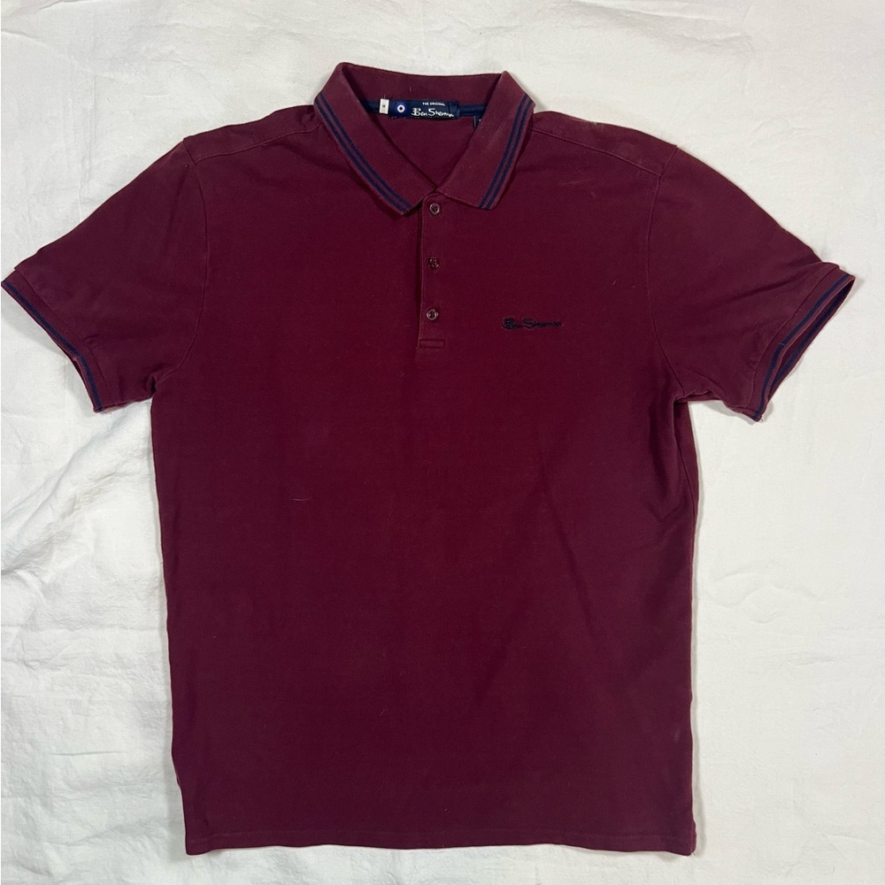 Ben Sherman Polo Shirt Burgundy Tipped Collar Mens Medium Mod Style